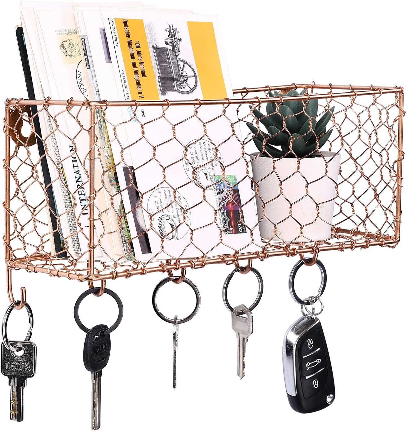 Buy Mygift Entryway Wall Mounted Mail Holder Organizer Bin Modern Copper Metal Wire Mesh Storage Basket With 5 Key Hooks Online In Turkey B0844njszm